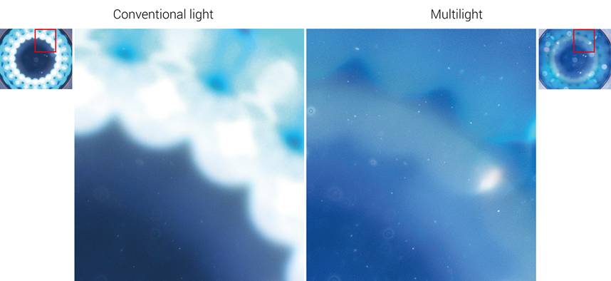 Image 2 | Comparison of the images of an iPhone XS internal camera lens (second lense under the cover) under conventional light and obtained by multi-light technology.