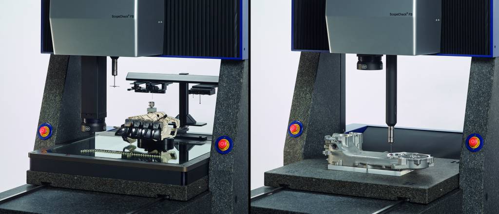 Der kompakte ScopeCheck FB DZ gestattet Multisensor-Messungen ohne Messbereichseinschränkungen (links). Durch das leicht demontierbare Durchlicht (rechts) können schwere Werkstücke direkt auf der Messtisch-Grundplatte befestigt und gemessen werden.