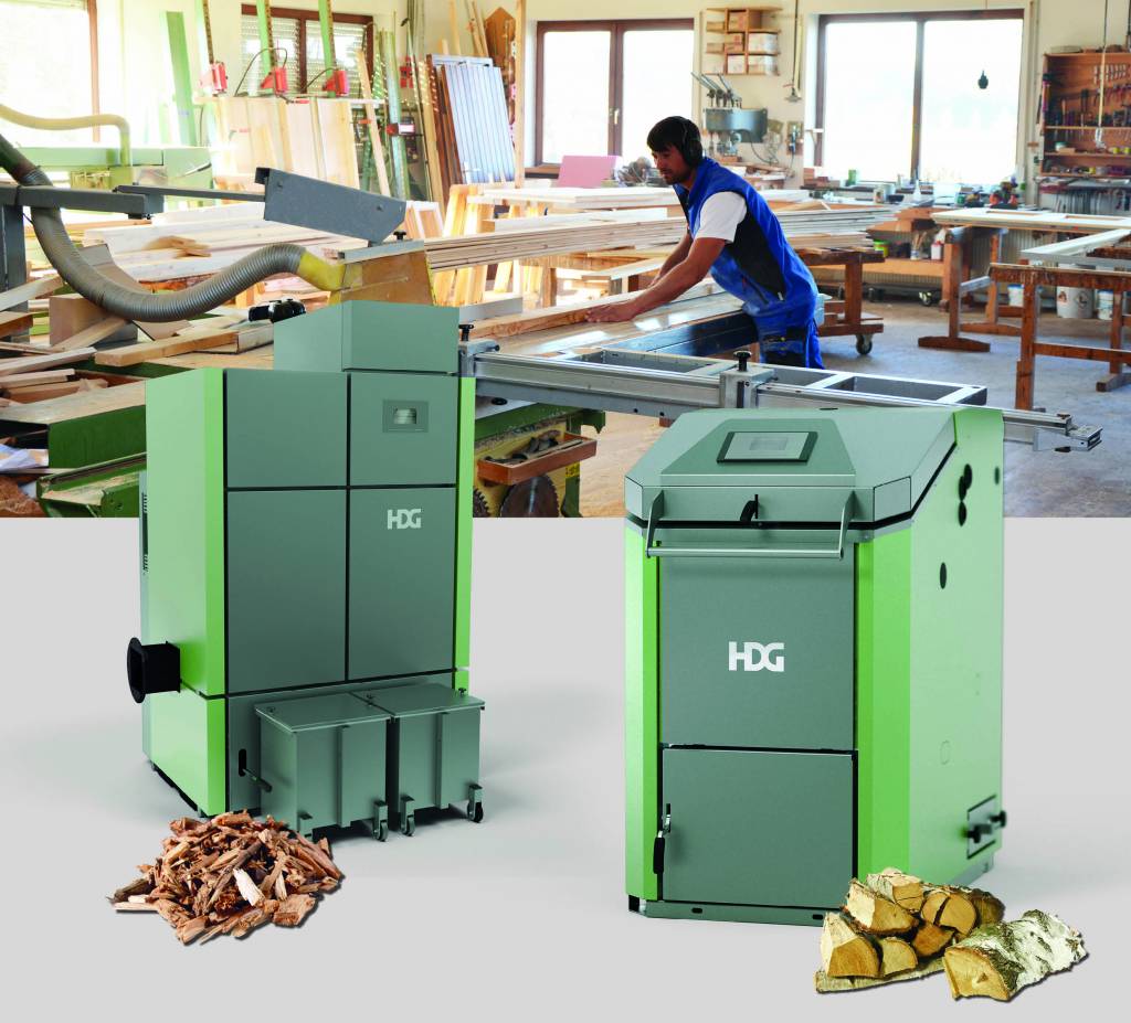 Holzheizlösungen von HDG: Links im Bild die HDG Compact Hackschnitzelheizung und rechts der HDG Euro Scheitholzkessel
