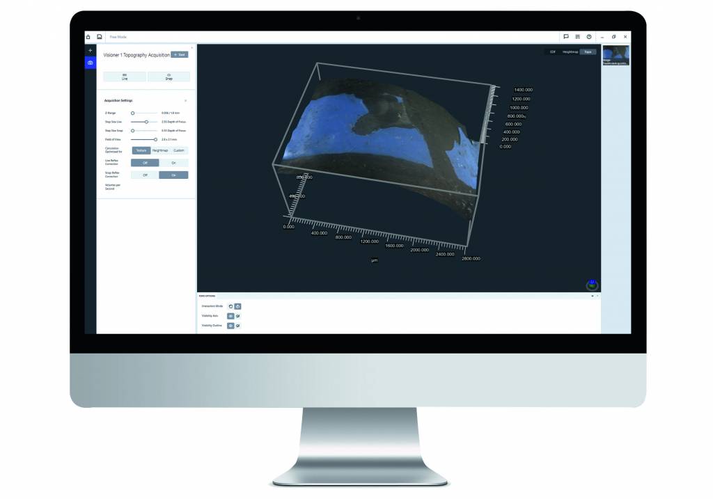 3D-Visualisierung einer fehlerhaften Beschichtung auf einer Metalloberfläche mit der Software Zeiss ZEN core.