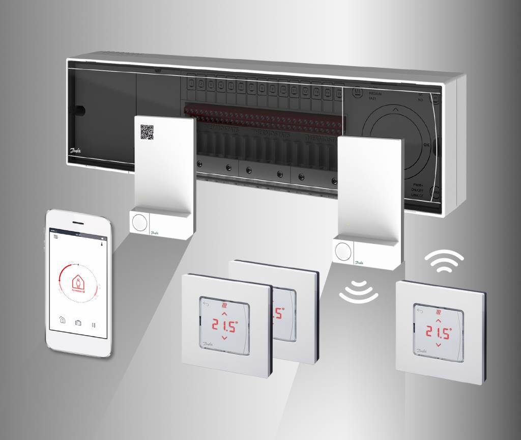 Das Danfoss Icon System zur Fußbodenheizungssteuerung mit Hauptregler, Repeatern und Touchdisplay-Raumthermostaten im Lichtschalterdesign. Die Bedienung ist auch via Smartphone-App möglich.