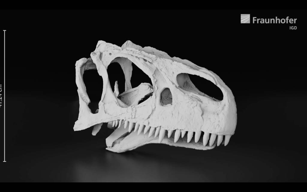 Bild 1: Der CultArm3D Scanner kann 3D-Modelle bis 15µm Genauigkeit aufnehmen, wie z.B. bei den normalerweise nur schwer zu scannenden Artefakten des Allosaurus Dinosauriers. (Bilder: Museums für Naturkunde Berlin)