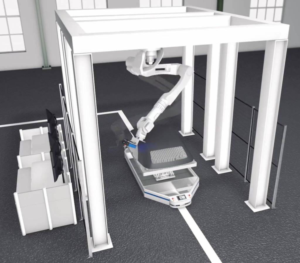Bild 1 I Für eine End-of-Line-Prüfung von Cabrioverdecks für Valmet Automotive hat die ISW GmbH eine Prüfzelle entwickelt, bei der ein an der Decke der Konstruktion hängende Robotor per 3D-Vision an 70 Positionen die Verdecks prüft.