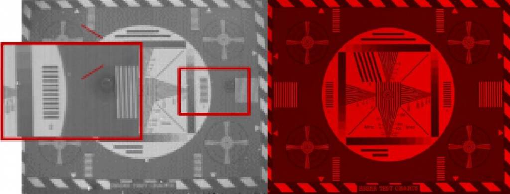 Bild 3 | RAW Bild eines InGaAs-Sensors (l.) mit typischen Bildartefakten (vertikal Streifen, Flip-Chip Bondingfehler und teilweise Pixel Cluster Defekte) und durch Kamera-seitige Bildkorrekturfunktionen und Sensorkühlung optimiertes Bild (r.).