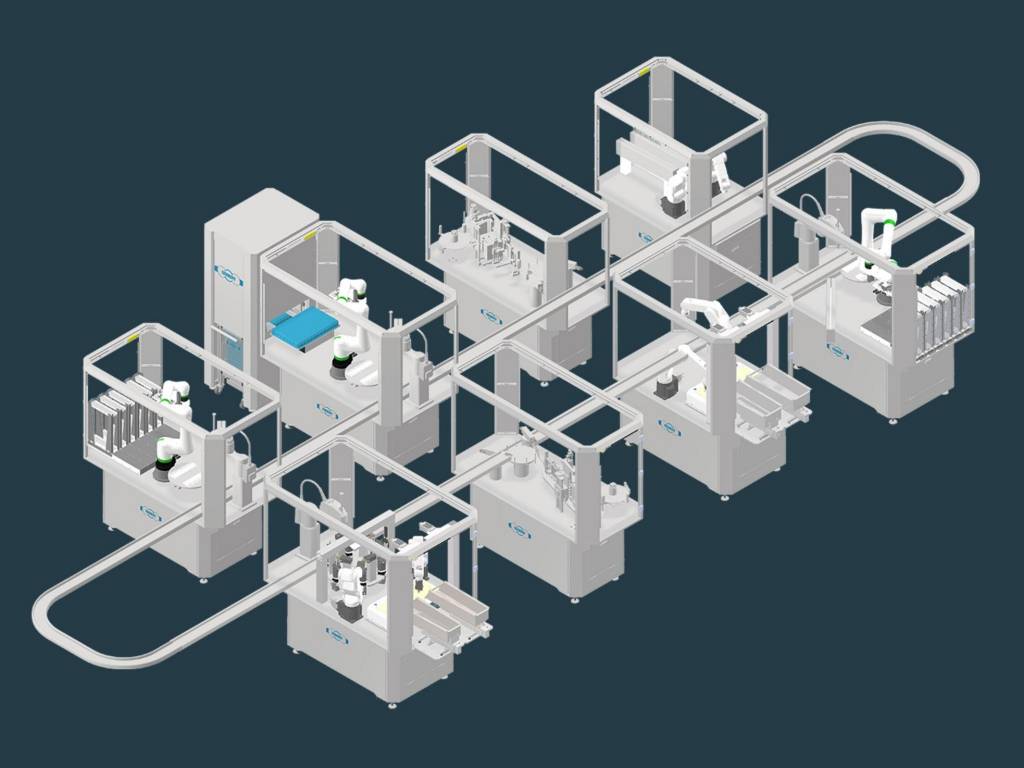 Die ARW Microfactory von Essert Robotics lässt sich individuell zusammenstellen, hier mit acht unterschiedlichen Produktionsmodulen.