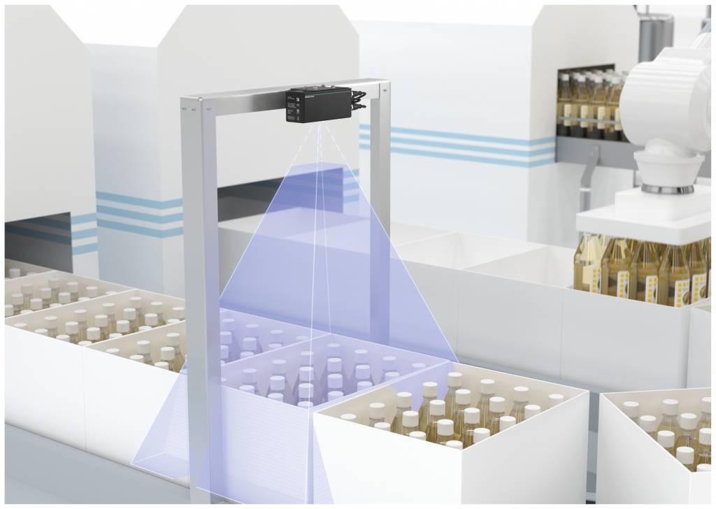 Das Stereo-Vision-System bei der Kontrolle von Getränkekisten mit frisch abgefüllten Flaschen.