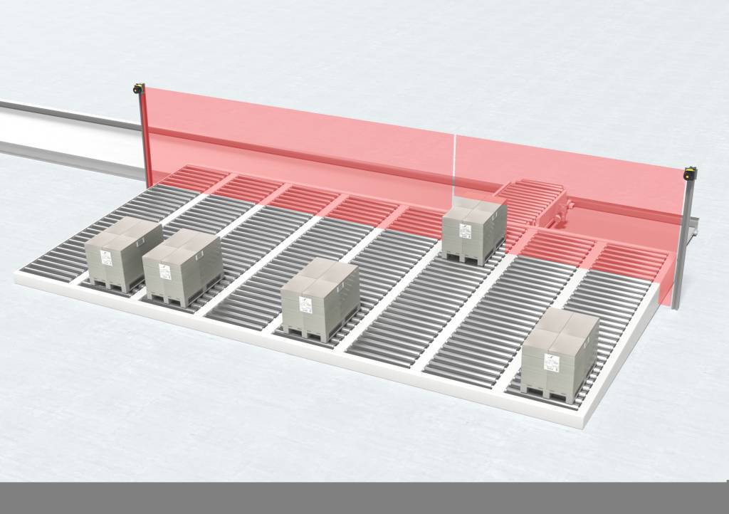 Zugangssicherung mehrspuriger Transportanlagen mit zwei Leuze Sicherheits-Laserscannern.