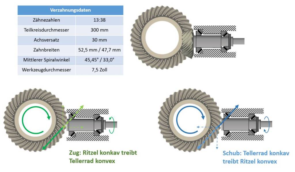 Beispielverzahnung und Zahnkräfte für Zug und Schub