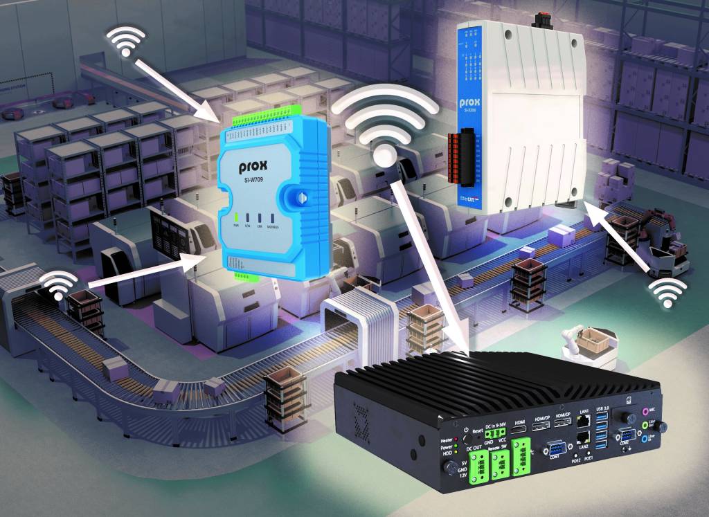 Sensordaten werden von einem EtherCAT-Slave-IO-Modul (oben rechts) erfasst und per Modbus-Remote-Modul (Bildmitte) an einen dezentralen Embedded-PC übermittelt. Der kann die Produktionsabläufe bei Bedarf in Echtzeit korrigieren.