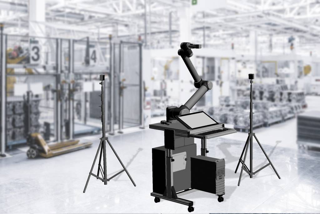 Der RoboSpector ist eine transportable, robotergestützte Prüfzelle, die aus einem Leichtbauroboter, einer Kamera, einer Stromversorgung sowie der Softwareanwendung Realtime Computer Vision besteht.