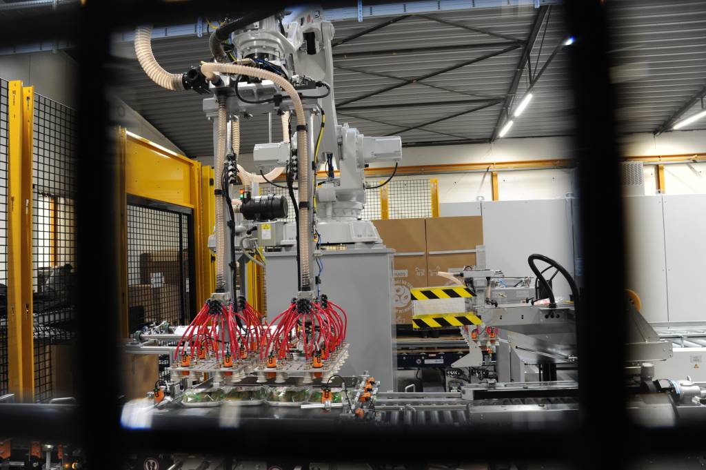In der Palettieranlage für Meisenknödel beim Tierfutterhersteller Eggersmann arbeiten zwei ABB-Roboter. Der erste setzt Trays in bereitgestellte Kartons. Ein weiterer ABB-Roboter stellt Paletten bereit und kümmert sich um Eimer.