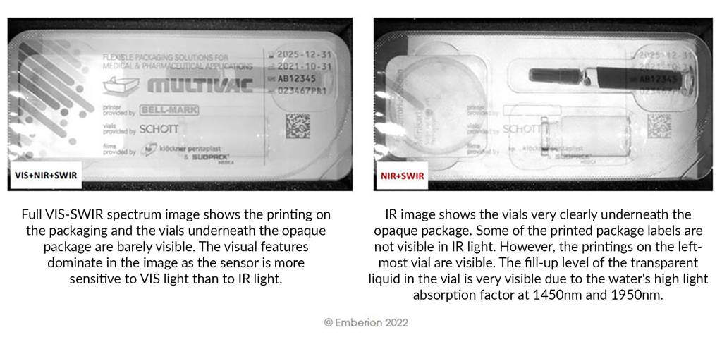 Bild 1 | Das Bild mit einer VIS-SWIR Kamera (l.) zeigt sowohl den Druck auf der Verpackung als auch die Ampullen unter der Verpackungsfolie. Die IR-Aufnahme (r.) zeigt die Ampulle deutlich klarer, aber der Verpackungsaufdruck ist nicht zu erkennen.