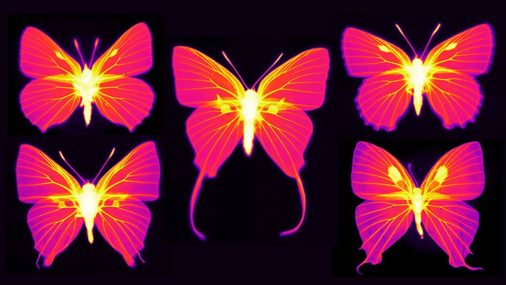 Bild 1 | Infrarot-Aufnahme von Schmetterlingen aus der Familie der Lycaenidae. Die Intensität des Bildes ist proportional zum thermischen Emissionsgrad - der Fähigkeit, Wärme durch Wärmestrahlung abzugeben.