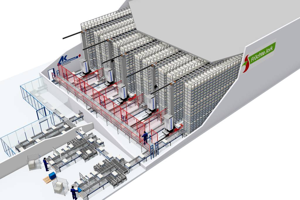 Im neuen Logistikzentrum von Früchte Jork implementiert Klinkhammer ein 5-gassiges Tiefkühllager für -22°C mit 25.200 Tablar-Stellplätzen.