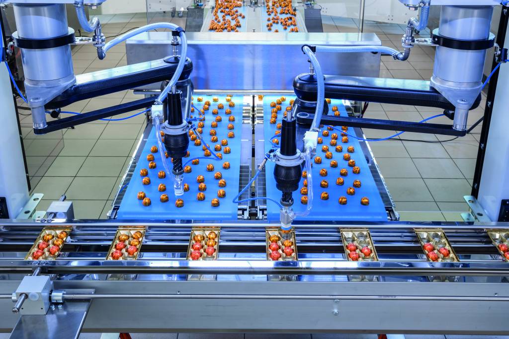 Empfindliche Schokoladenpralinen werden von den Pick&Place-Robotern einzeln vorsichtig aufgenommen und in Trays gesetzt.