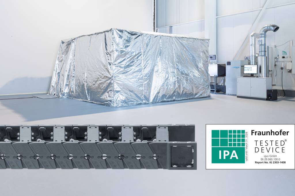 Schmierfrei, verschleißfest und jetzt auch für den Trockenreinraum zertifiziert: Die E6.29 erhält als erste Energiekette das neuartige Zertifikat des Fraunhofer IPA und erreicht im Test ISO Klasse 4.