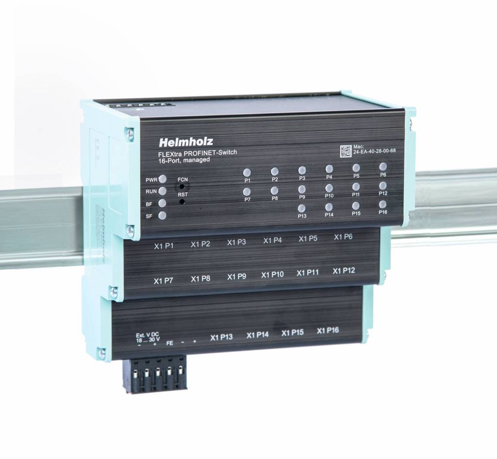 Bild 1 | Mit dem Managed Flextra Profinet-Switch können sowohl Profinet-Komponenten mit 100MBit/s als auch Ethernet-Teilnehmer mit bis zu 1.000MBit/s - wahlweise auch über SFP Glasfaser - vernetzt werden.