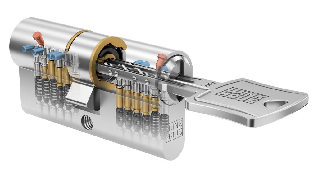 Die Schließzylinder der mechanischen Schließsysteme von Winkhaus sind individuell codiert. Dazu werden Stifte immer wieder neu kombiniert und mit Plättchen und Federn in vorhandene Bohrungen gefüllt.