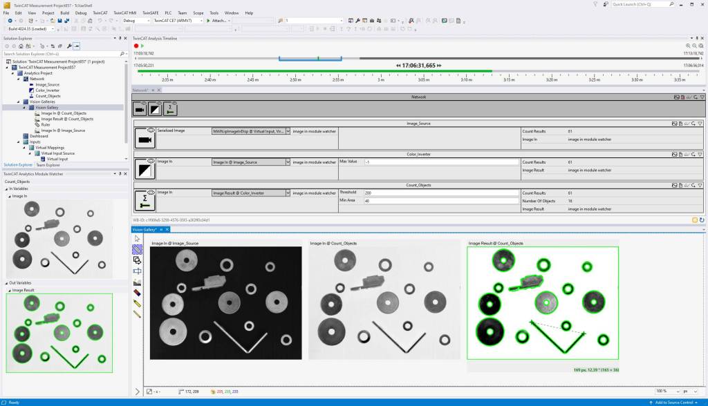 Bild 2 | Twincat Analytics Editor mit Vision-Algorithmen, Module Watcher und Image Gallery.