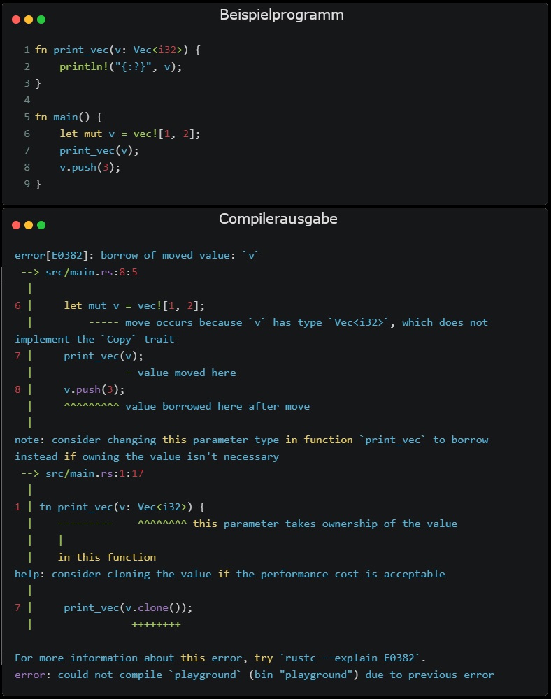 Codebeispiel mit Kompilierfehler des Borrow-Systems