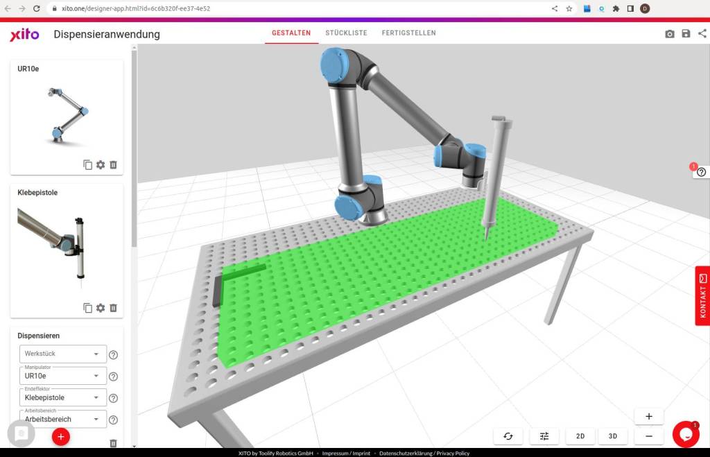 Auf der grafischen Oberfläche der Xito-Robotikplattform lässt sich mit wenigen Klicks eine individuelle Lösung zusammenstellen.
