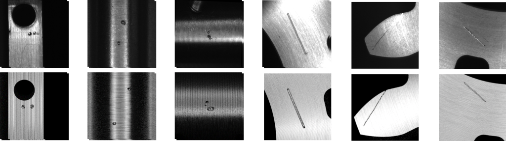Bild 1 | Reale (oben) und synthetische (unten) Bilder verschiedener Metalloberflächen für die Inspektionsplanung und maschinelles Lernen.
