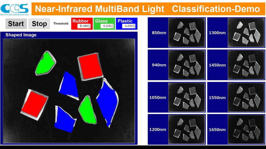 NIR-multi-band light classification demo: Classification of rubber, glass, and plastic with eight wavelength lights with one trigger.