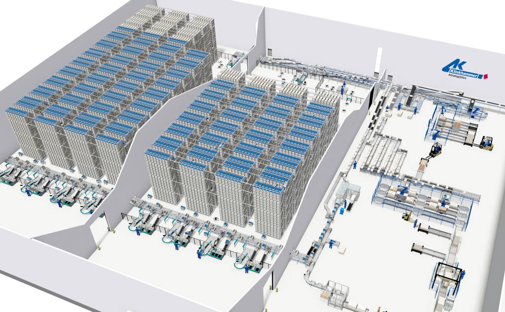 Exotec-Lagersystem mit 79 Shuttle-Robotern und rund 51.000 Tablaren inklusive automatisiertem Karton- und Palettenhandling.