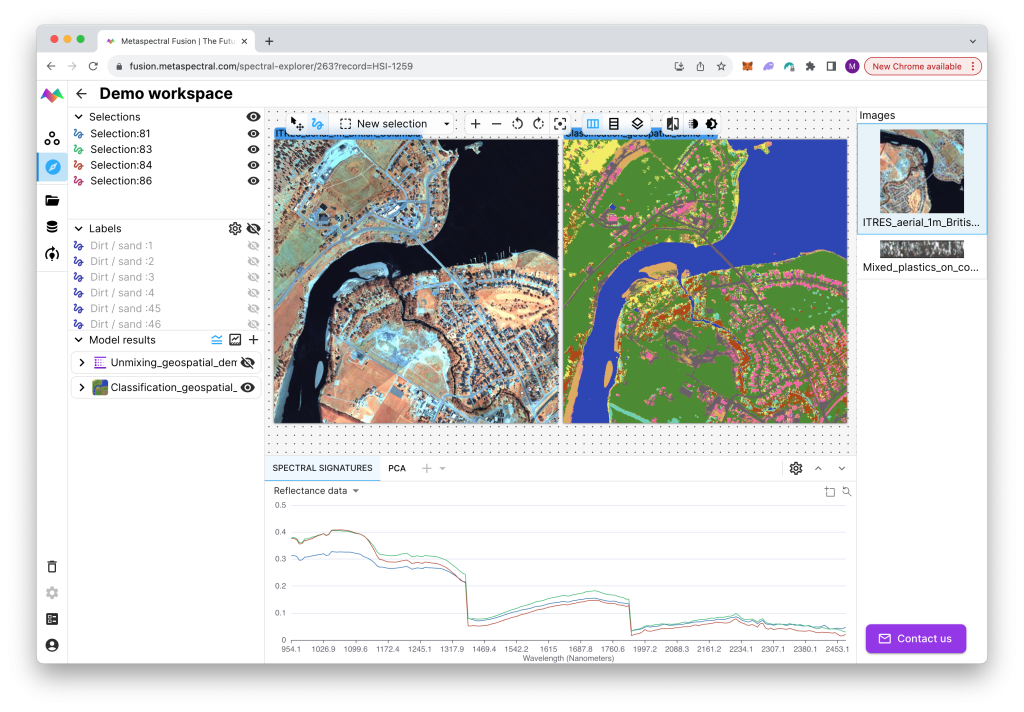 Figure: Metaspectrals´ sub-pixel level Deep Learning, real-time analysis, and hardware-accelerated data compression and streaming platform is compatible with any hyperspectral or multispectral sensor, whether in orbit or on Earth.