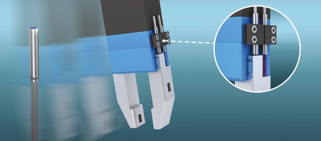 Die Ultraminiatursensoren von Contrinex werden direkt über den Oberseiten der Greiferfinger montiert, erfassen sicher die Position der Backen und vermeiden so Ausschusskosten.