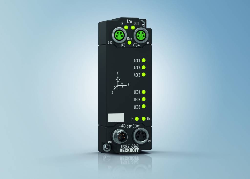 Die IP67-I/O-Box EP3751-0260 liefert nicht nur exakte Bewegungsinformationen, sondern mithilfe der ultraschnellen EtherCAT-Kommunikation auch alle zugrunde liegenden Rohdaten der integrierten Sensoren.