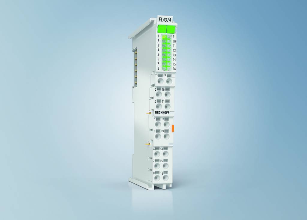 Die EtherCAT-Klemme EL4374 kombiniert parametrierbare Analog-Ein- und -Ausgänge in einem kompakten HD(High Density)-Gehäuse mit Signal-LEDs.