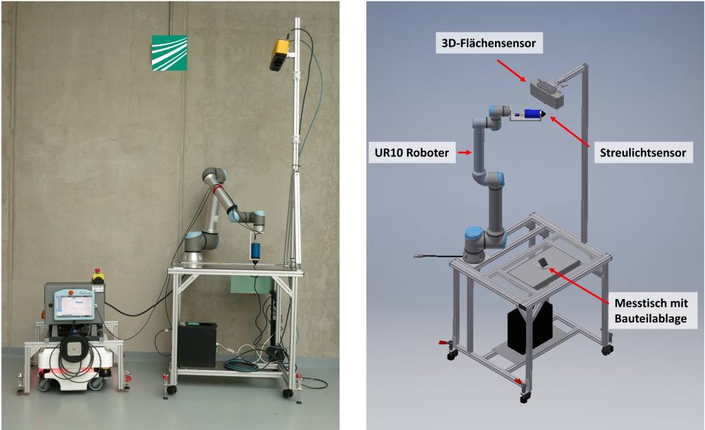 Der Aufbau der am Fraunhofer IFAM entwickelten Messstation zur Qualitätskontrolle an 3D-gedruckten Metallbauteilen besteht aus einem UR10-Roboter mit integriertem Streulichtsensor sowie einer Bauteilablage und einem Kamerasystem zur Lageerkennung der Bauteile.