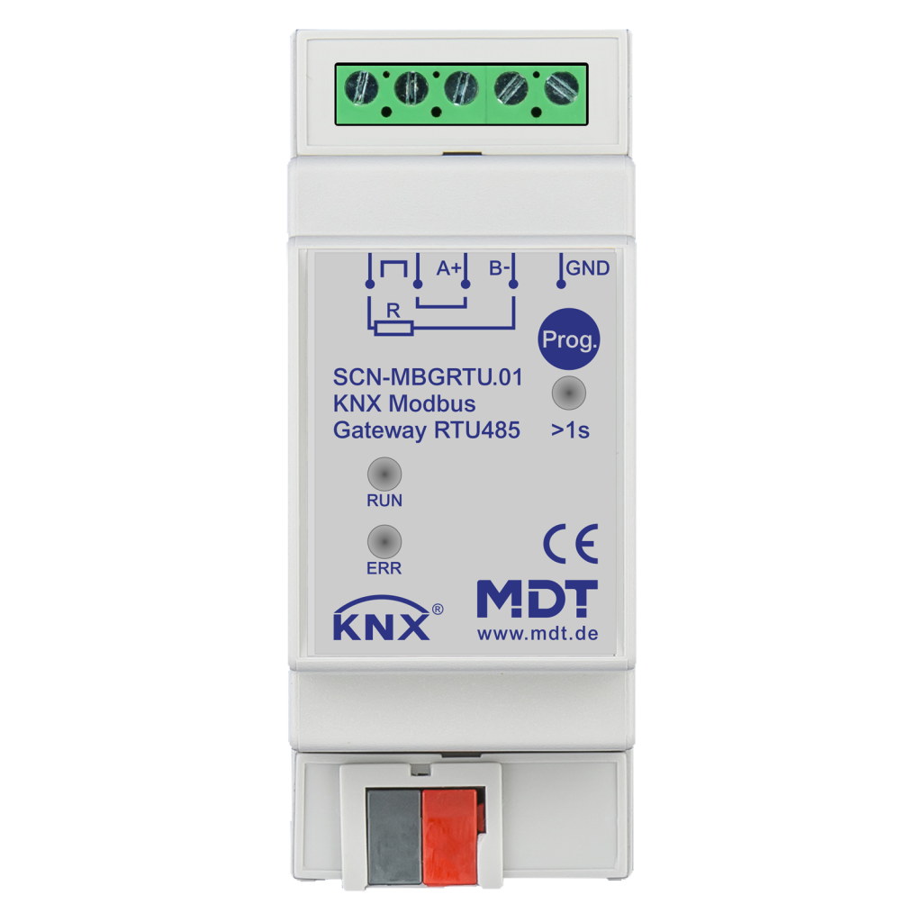 Das MDT KNX Modbus Gateway RTU485 von MDT ermöglicht den bidirektionalen Datenaustausch zwischen Modbus RTU- und KNX-Geräten.