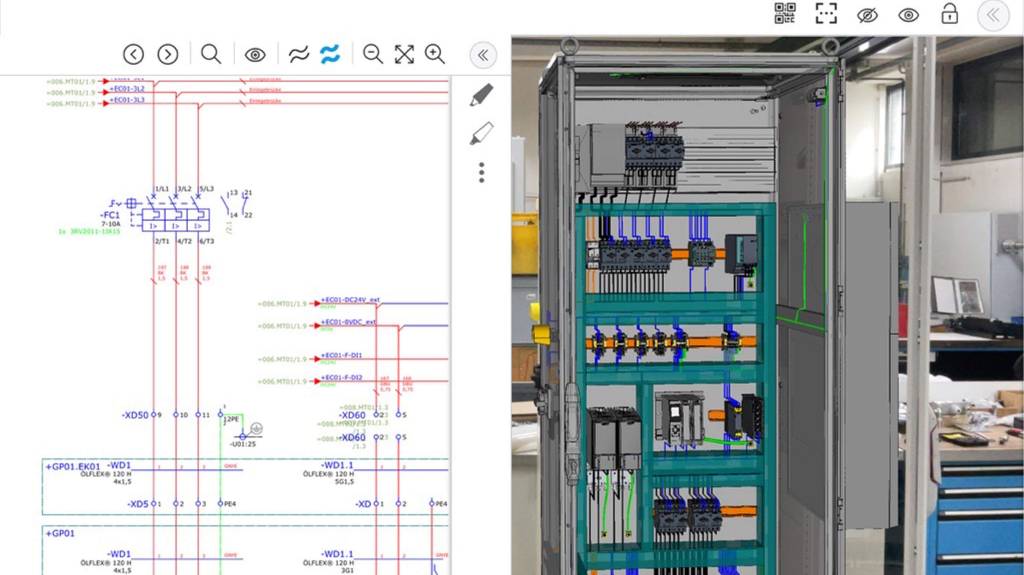 Splitscreen-Ansicht von Schaltplan und digitalem Zwilling in Augmented Reality.