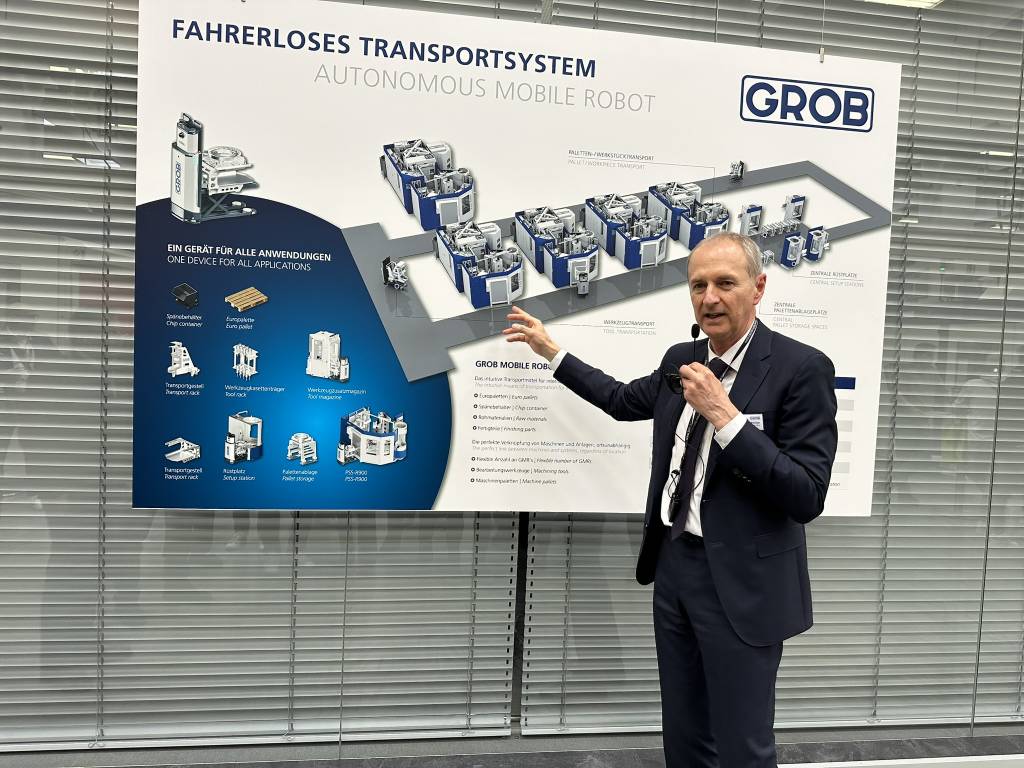 Grob liefert Maschinen mit Automatisierung aus einer Hand. German Wankmiller, Vorsitzender der Geschäftsführung, erklärt anhand des hauseigenen Mobile Robots das Zusammenspiel der Automatisierungslösungen.
