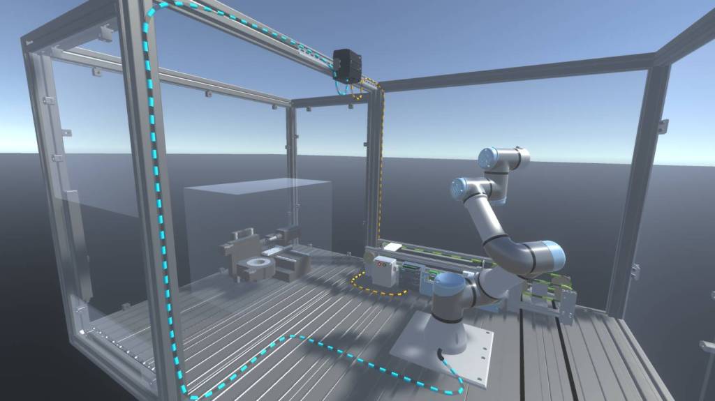 Datenflussvisualisierung von einem Roboter (blau) und eines Förderbandes (orange) in einer Fertigungszelle